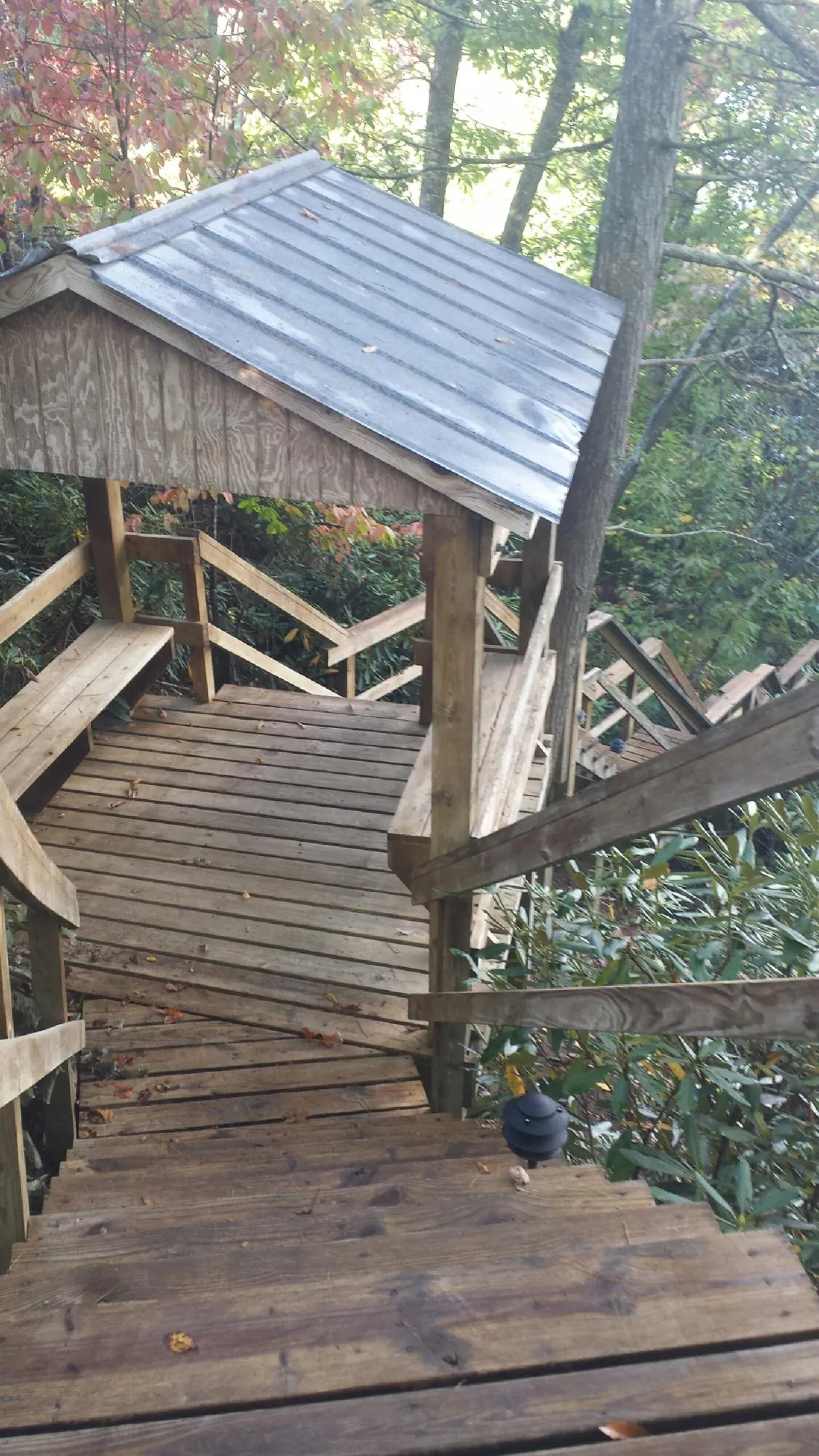 Metal roofed shelter over wooden steps on a wooded walkway — Skylight Repair & Installation work by our crew in Williams
